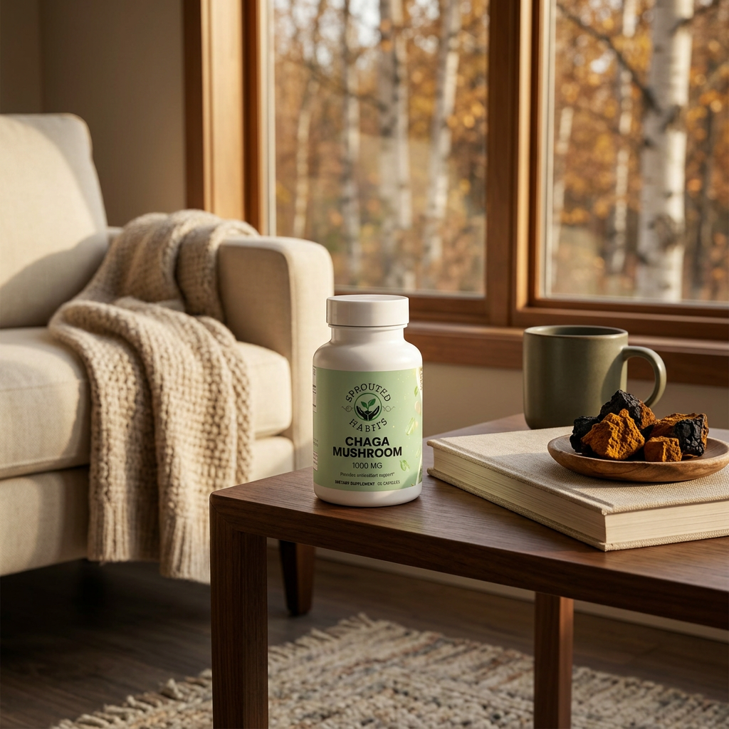 Chaga Mushroom bottle in a cozy autumn reading nook