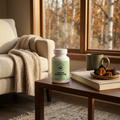 Chaga Mushroom bottle in a cozy autumn reading nook