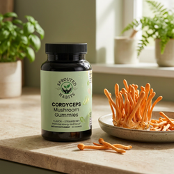 Sprouted Habits Cordyceps Mushroom Gummies bottle beside orange cordyceps mushrooms